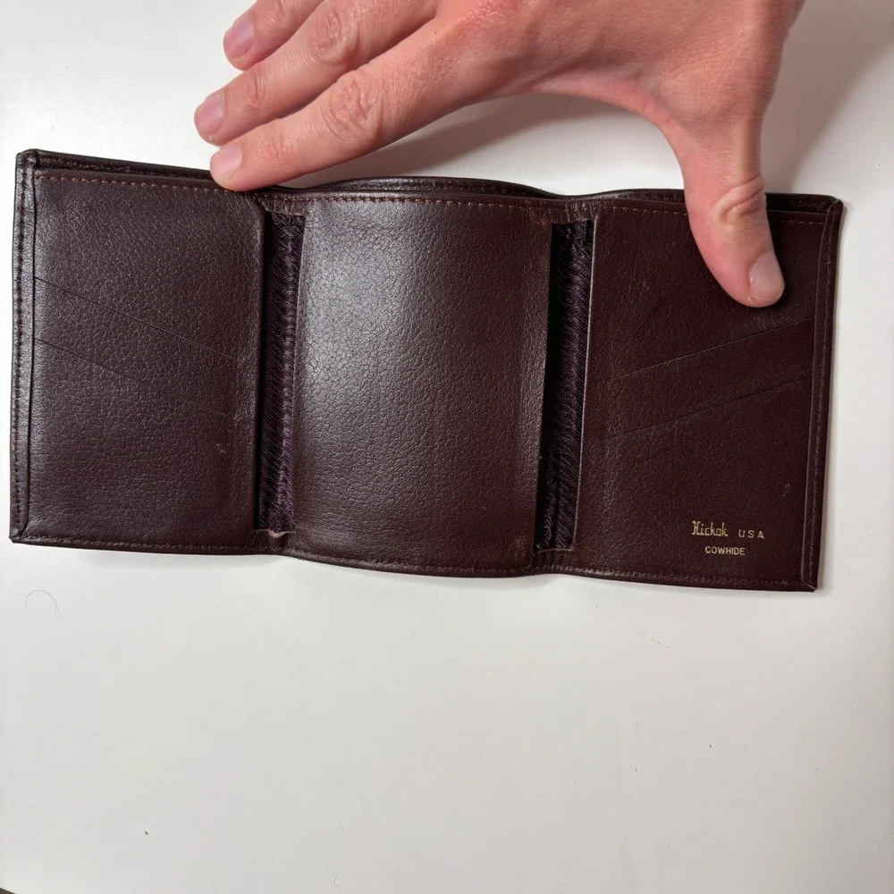 Vintage Hickok USA Mens Dark Brown Pebbled Leather‎ Trifold Wallet Cowhide Gift